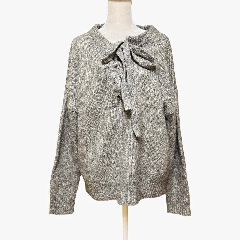 Zara Gray Solid Knit Crewneck Bow Tie Pullover Sweater Long Sleeve Womens S